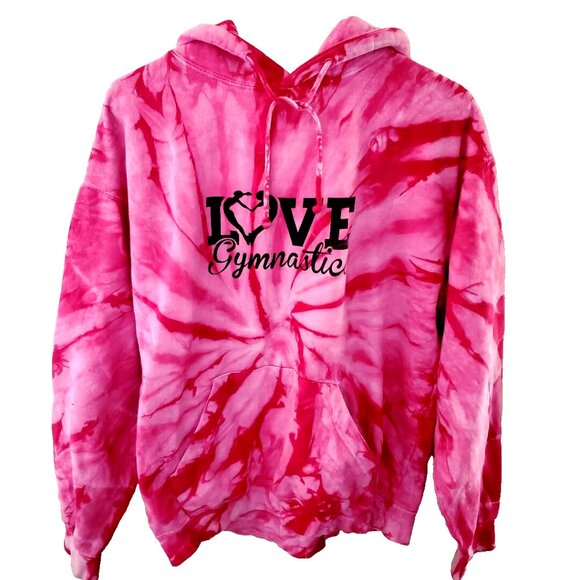 Womens Pink Tie Dye Hoodie Sweatshirt M Love Gymnastics Boho Hippie Athleisure - Picture 1 of 13